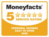 Moneyfacts 5-Star Service Rating badge for 'Personal Savings Easy to Open' in 2026, featuring five gold stars and highlighting excellence in customer satisfaction and account accessibility.